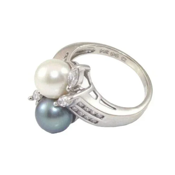 Solid 14K White Gold Pearl Clear CZ Ring Size 5.25